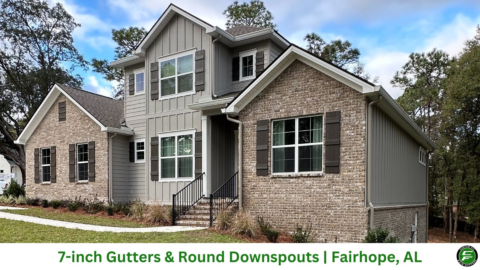 7-inch gutters with 4-inch round downspouts installed on a home in Fairhope, AL by Custom Fit Rain Gutters.